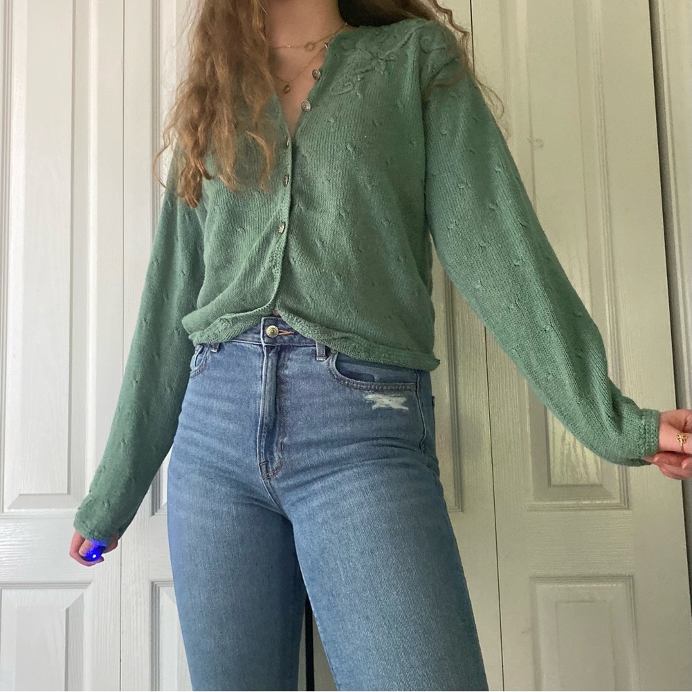 ADORABLE TEAL GREEN BLUE SWEATER CARDIGAN TOP SIZE MEDIUM COUNTRYSIDE CLASSICS